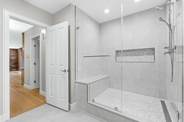 Bathroom, Glass Shower, Interior, Recessed Lighting, Wood Texture Flooring
