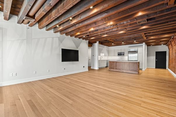 Empty room, Interior, Kitchen, Stainless Steel Appliances, Wooden Beams, Wood Texture Flooring
