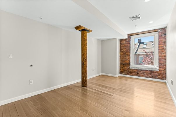 Empty room, Interior, Recessed Lighting, Stone Walls, Wood Texture Flooring