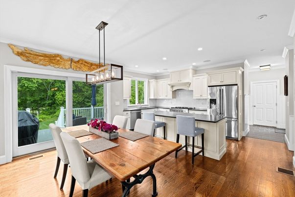 Dining room, Interior, Kitchen, Pendant Lights, Recessed Lighting, Stainless Steel Appliances, Wood Texture Flooring