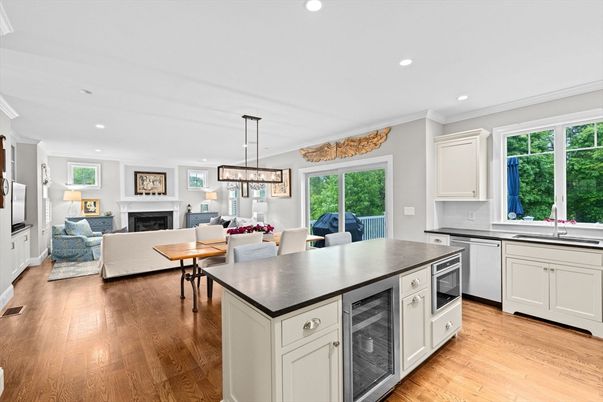 Dining room, Fireplace, Interior, Kitchen, Living room, Pendant Lights, Recessed Lighting, Wood Texture Flooring