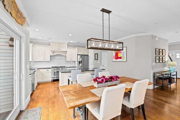 Dining room, Interior, Kitchen, Pendant Lights, Recessed Lighting, Stainless Steel Appliances, Wood Texture Flooring