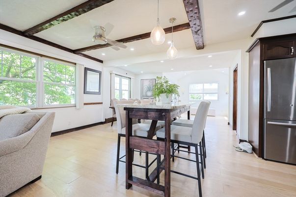 Dining room, Interior, Pendant Lights, Recessed Lighting, Wooden Beams, Wood Texture Flooring