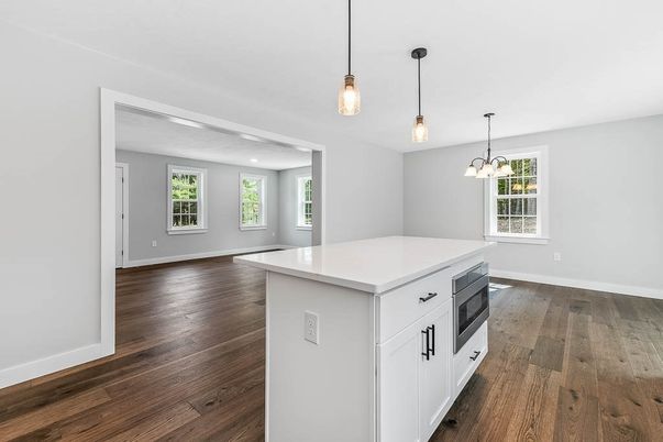 Empty room, Interior, Kitchen, Pendant Lights, Recessed Lighting, Wood Texture Flooring
