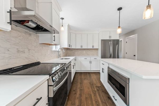 Interior, Kitchen, Marble Walls, Pendant Lights, Stainless Steel Appliances, Wood Texture Flooring
