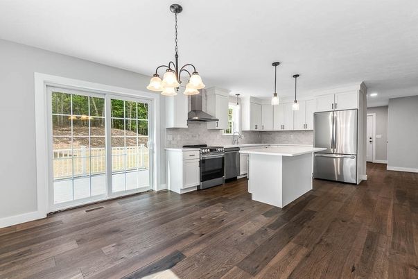 Chandelier, Interior, Kitchen, Pendant Lights, Recessed Lighting, Stainless Steel Appliances, Wood Texture Flooring