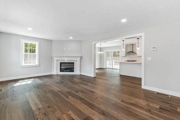 Empty room, Fireplace, Interior, Kitchen, Pendant Lights, Recessed Lighting, Wood Texture Flooring