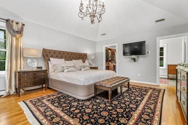 Bedroom, Chandelier, Interior, Wood Texture Flooring