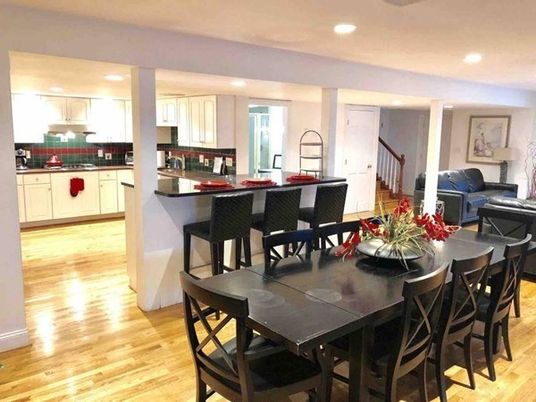 Dining room, Interior, Kitchen, Living room, Recessed Lighting, Wood Texture Flooring