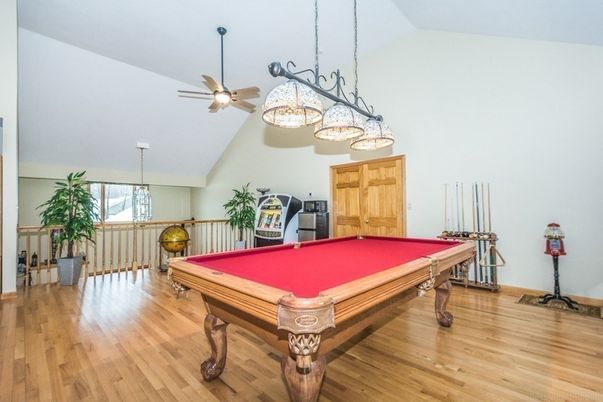 Billiard Table, Game Room, Interior, Pendant Lights, Wood Texture Flooring