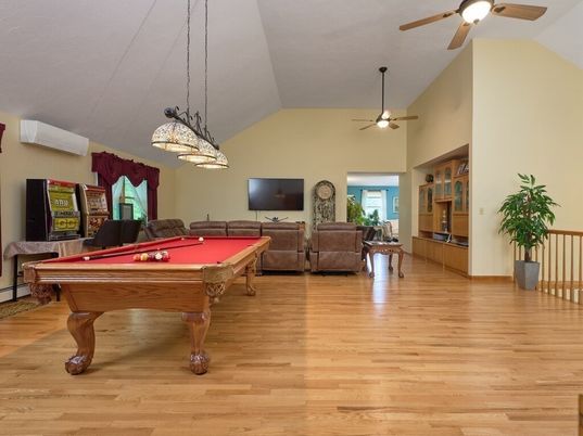 Billiard Table, Game Room, Interior, Living room, Pendant Lights, Wood Texture Flooring
