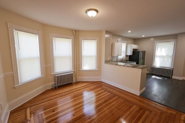 Empty room, Interior, Kitchen, Recessed Lighting, Wood Texture Flooring
