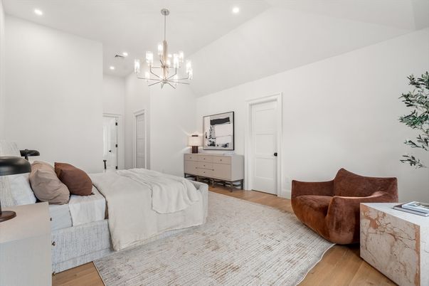 Bedroom, Interior, Pendant Lights, Recessed Lighting, Wood Texture Flooring