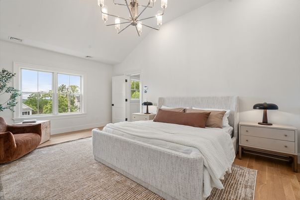 Bedroom, Interior, Pendant Lights, Wood Texture Flooring