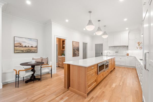 Dining room, Interior, Kitchen, Pendant Lights, Recessed Lighting, Wood Texture Flooring