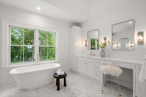 Bathroom, Dual Sink Vanities, Free Standing Baths, Interior, Marble, Recessed Lighting