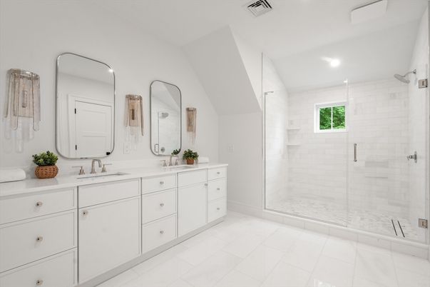 Bathroom, Dual Sink Vanities, Glass Shower, Interior, Recessed Lighting