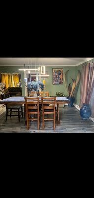 Dining room, Interior, Pendant Lights, Wood Texture Flooring