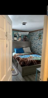 Bedroom, Interior, Pendant Lights, Stone Walls, Wood Texture Flooring