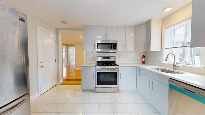 Interior, Kitchen, Marble, Recessed Lighting, Stainless Steel Appliances