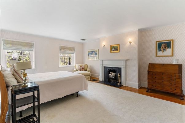 Bedroom, Fireplace, Interior, Wood Texture Flooring