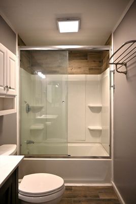 Bathroom, Glass Shower, Interior, Wood Texture Flooring