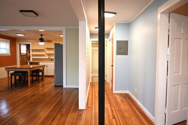 Dining room, Interior, Recessed Lighting, Wood Texture Flooring
