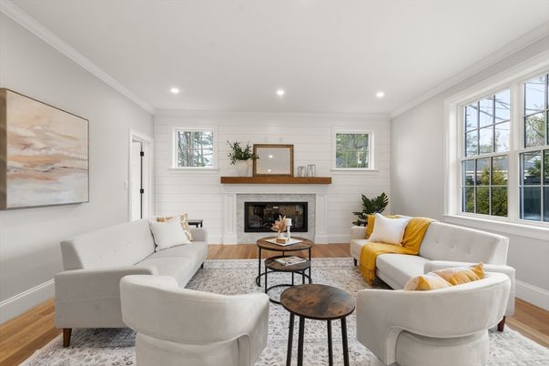 Fireplace, Interior, Living room, Recessed Lighting, Wood Texture Flooring