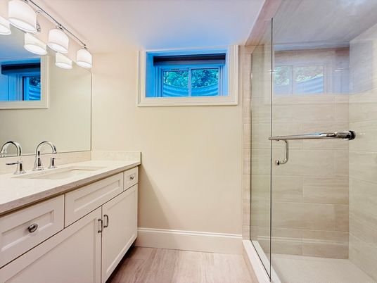 Bathroom, Glass Shower, Interior, Wood Texture Flooring