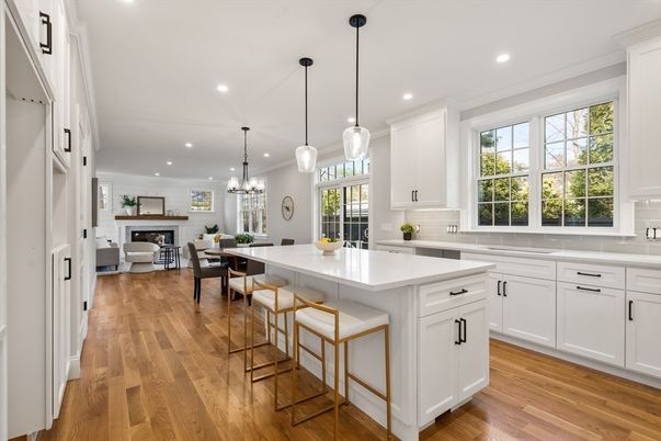 Dining room, Fireplace, Interior, Kitchen, Living room, Pendant Lights, Recessed Lighting, Wood Texture Flooring