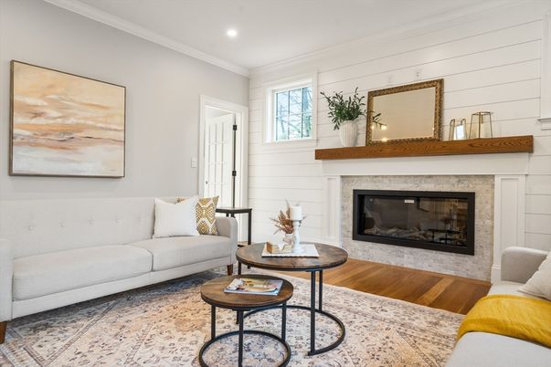 Fireplace, Interior, Living room, Recessed Lighting, Wood Texture Flooring