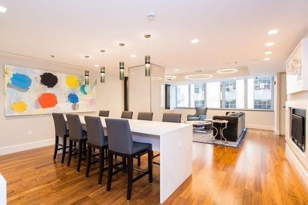 Dining room, Fireplace, Interior, Living room, Pendant Lights, Recessed Lighting, Wood Texture Flooring