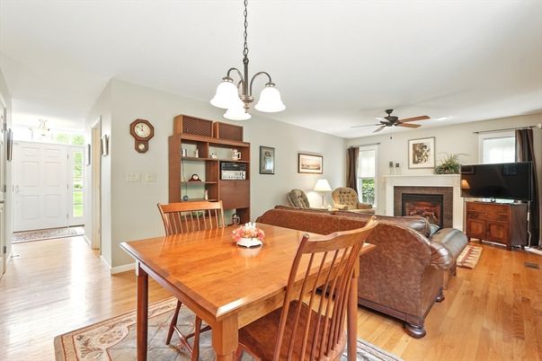 Dining room, Fireplace, Interior, Living room, Pendant Lights, Wood Texture Flooring