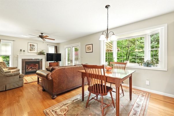 Dining room, Fireplace, Interior, Living room, Pendant Lights, Wood Texture Flooring
