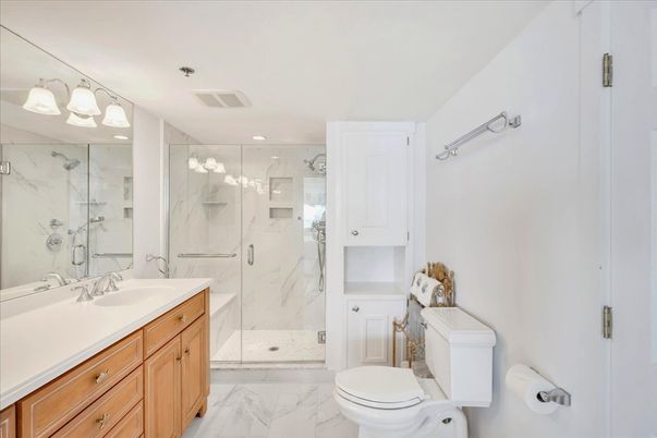 Bathroom, Glass Shower, Interior, Marble, Marble Walls, Recessed Lighting