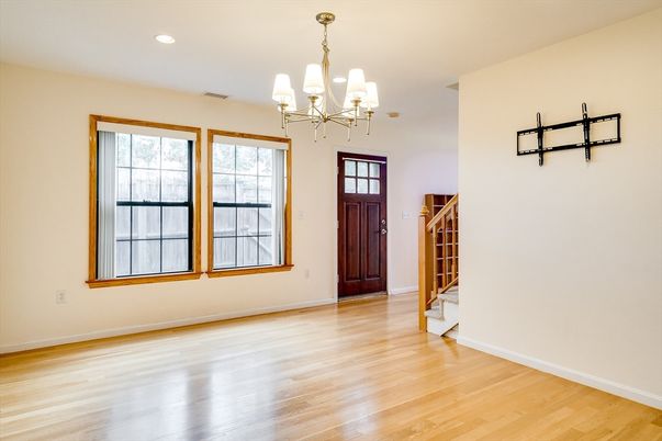 Chandelier, Empty room, Interior, Recessed Lighting, Wood Texture Flooring