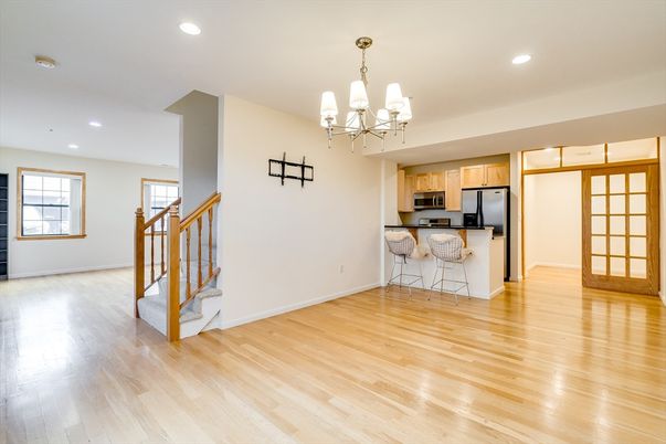 Chandelier, Empty room, Interior, Kitchen, Recessed Lighting, Wood Texture Flooring