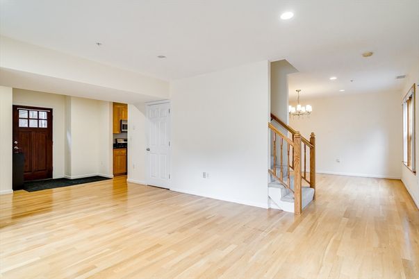 Chandelier, Empty room, Interior, Kitchen, Recessed Lighting, Wood Texture Flooring
