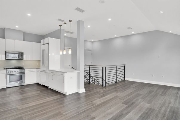 Interior, Kitchen, Pendant Lights, Recessed Lighting, Stainless Steel Appliances, Wood Texture Flooring
