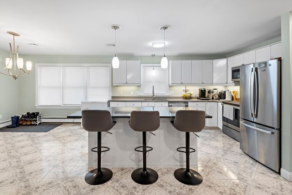 Interior, Kitchen, Marble, Pendant Lights, Stainless Steel Appliances