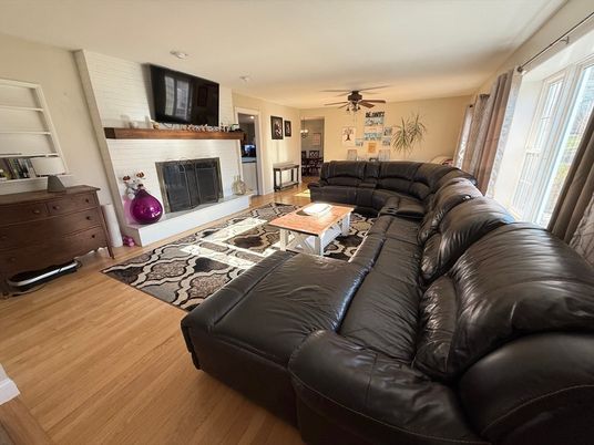Fireplace, Interior, Living room, Stone Walls, Wood Texture Flooring
