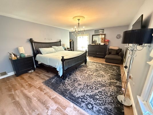 Bedroom, Chandelier, Interior, Wood Texture Flooring