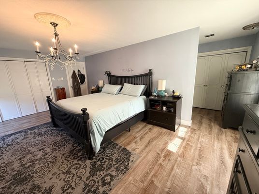 Bedroom, Chandelier, Interior, Wood Texture Flooring