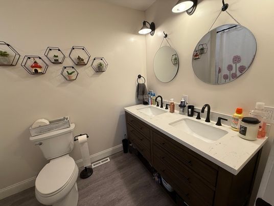 Bathroom, Dual Sink Vanities, Interior, Wood Texture Flooring