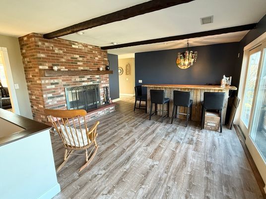 Fireplace, Interior, Recessed Lighting, Stone Walls, Wooden Beams, Wood Texture Flooring