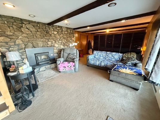 Fireplace, Interior, Living room, Recessed Lighting, Stone Walls