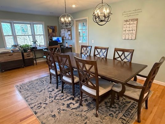 Chandelier, Dining room, Interior, Living room, Pendant Lights, Recessed Lighting, Wood Texture Flooring