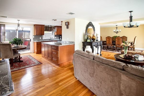 Chandelier, Dining room, Interior, Kitchen, Living room, Pendant Lights, Wood Texture Flooring