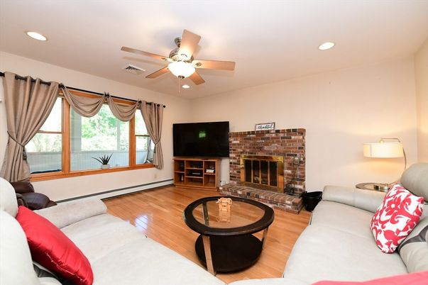 Fireplace, Interior, Living room, Recessed Lighting, Wood Texture Flooring