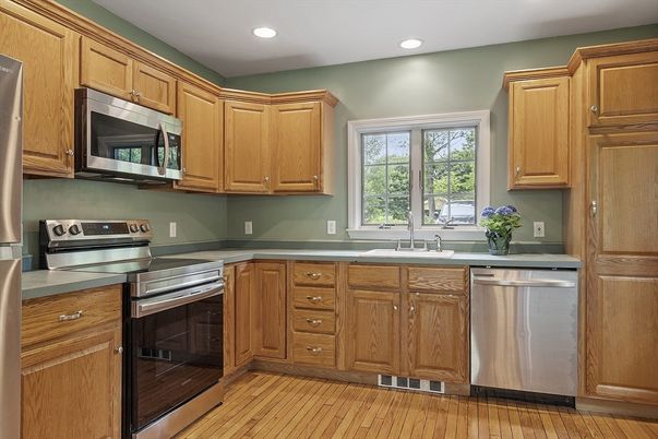 Interior, Kitchen, Recessed Lighting, Stainless Steel Appliances, Wood Texture Flooring